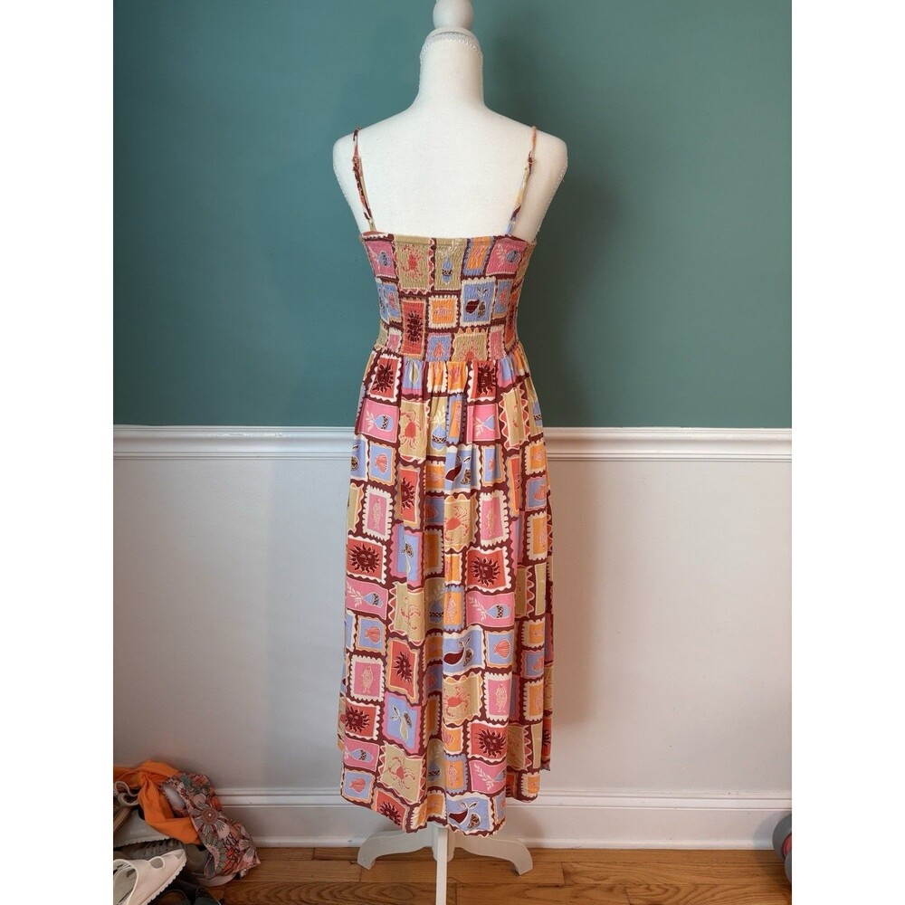 Mediterranean Coastal Smocked Midi Sundress Citrus Sun Novelty Print Dress S - Picture 3 of 11